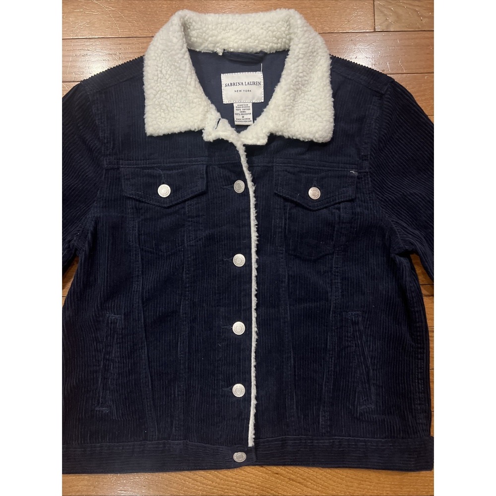 Sabrina Lauren Navy Corduroy Jacket Sherpa Collar Size Medium Women's Coat